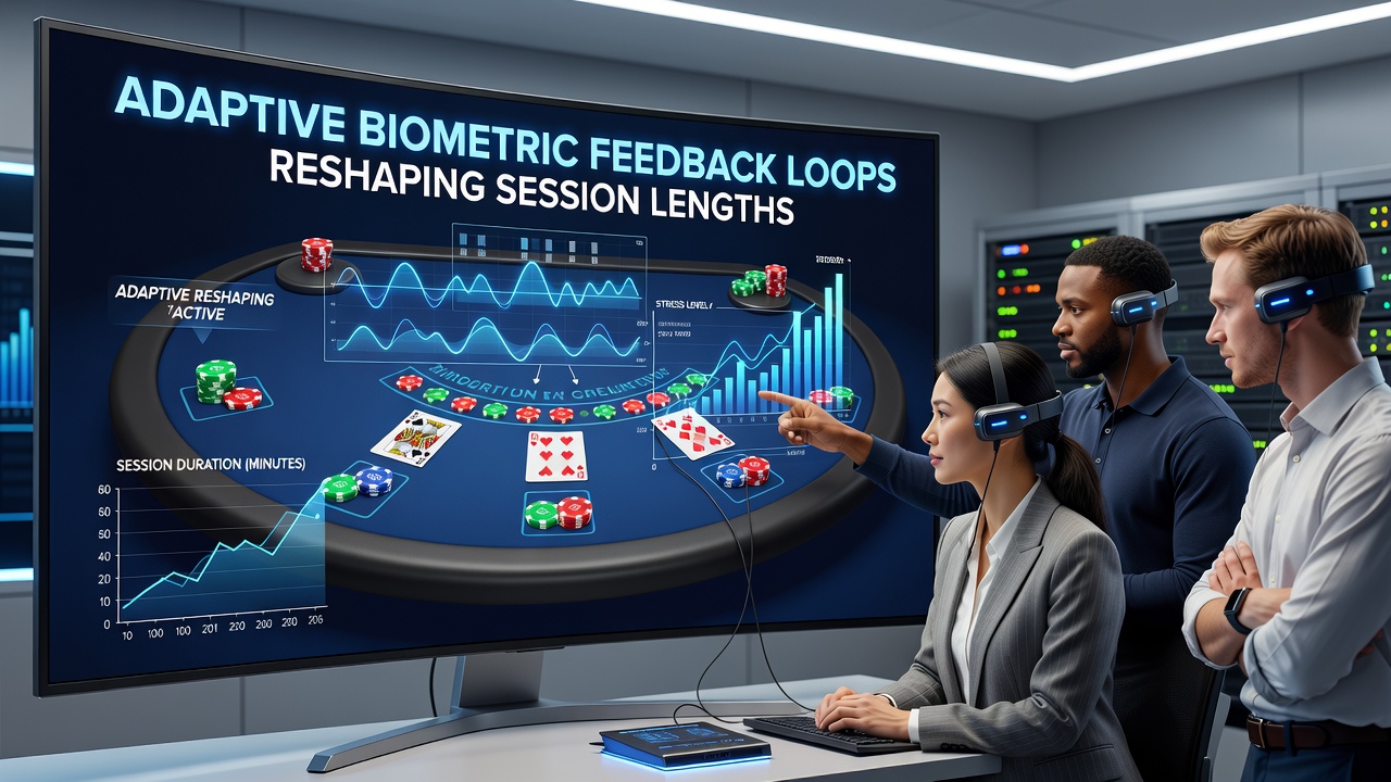 Virtual blackjack interface displaying real-time biometric data overlays on player screens in a digital casino setting