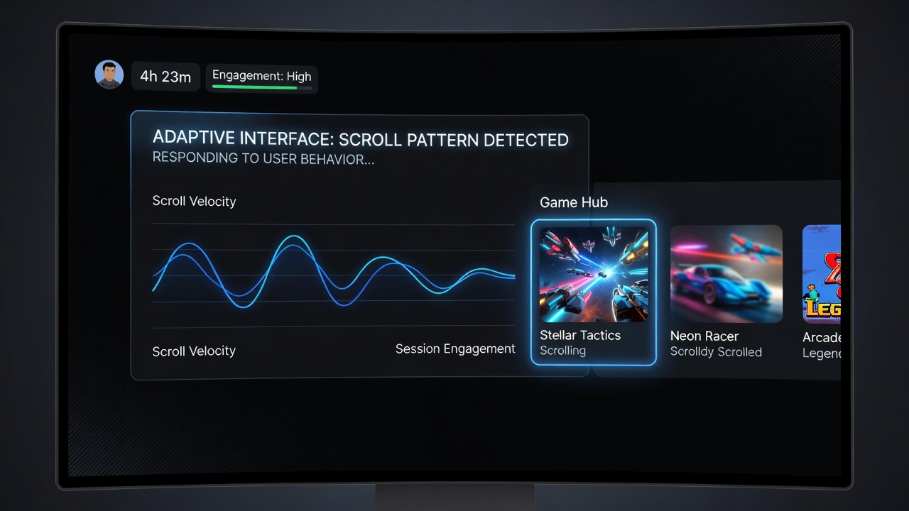 Poker variant interface adapting during multi-game play with slots and scroll-responsive elements