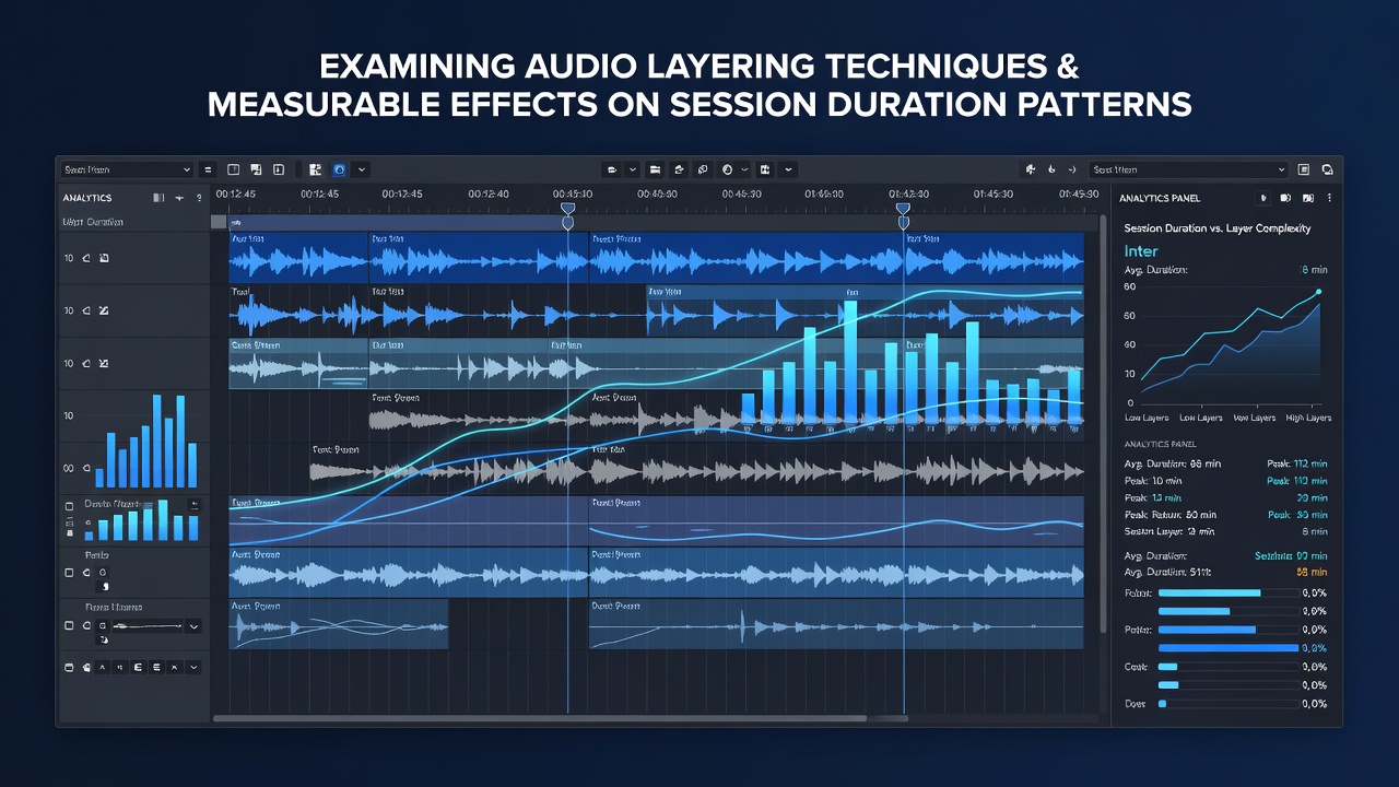 Analytics dashboard showing session duration graphs comparing layered audio versus standard audio during game type transitions