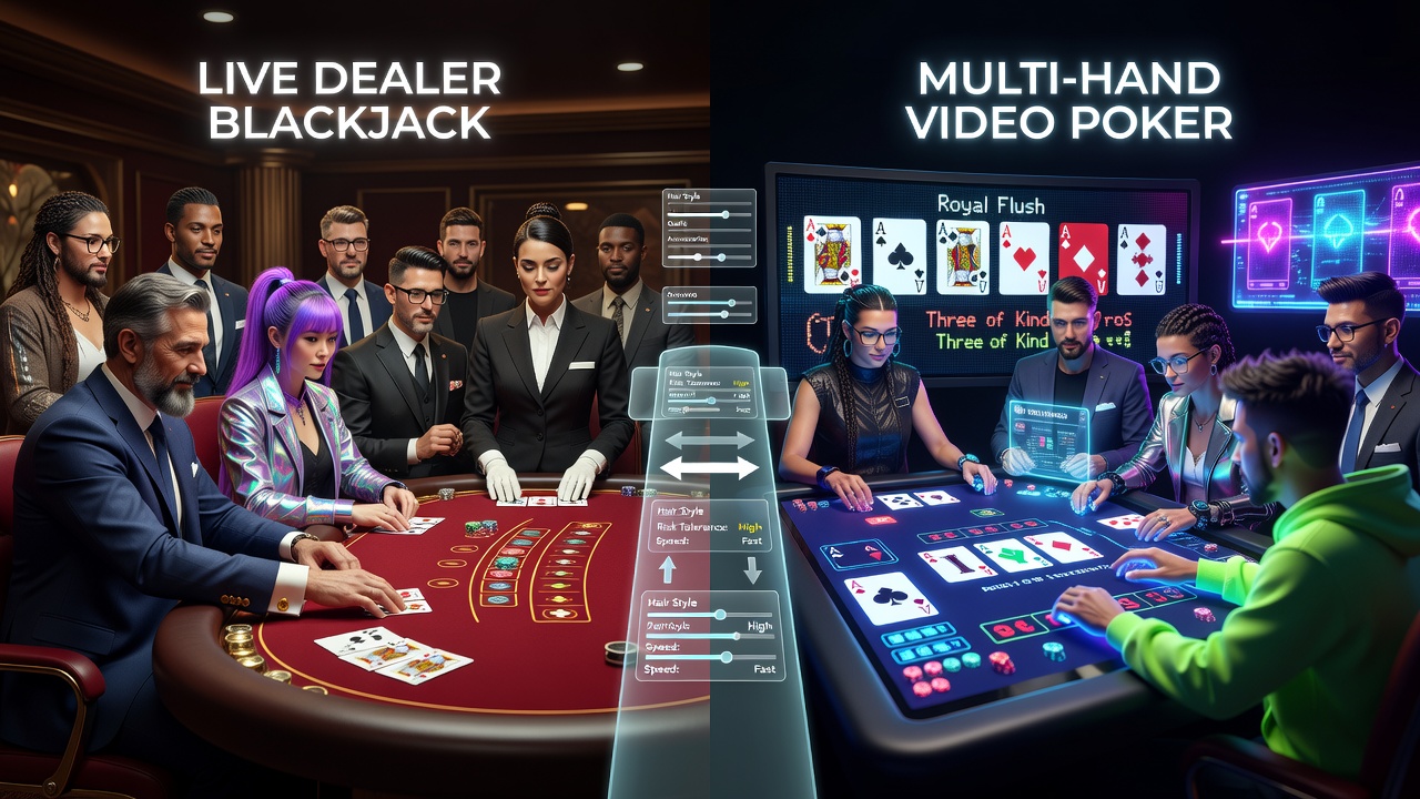 Players selecting and customizing avatars for live dealer blackjack and video poker sessions
