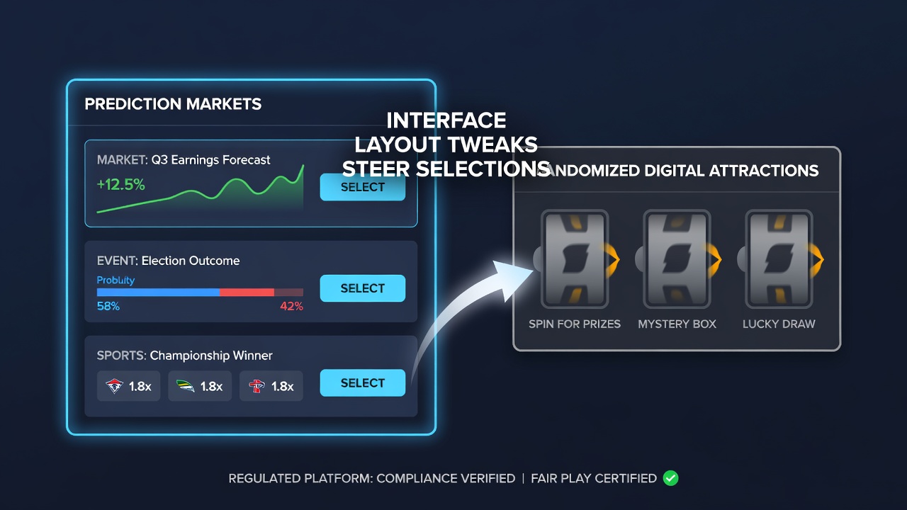 Platform interface showing prediction market odds alongside randomized game thumbnails on a regulated betting site