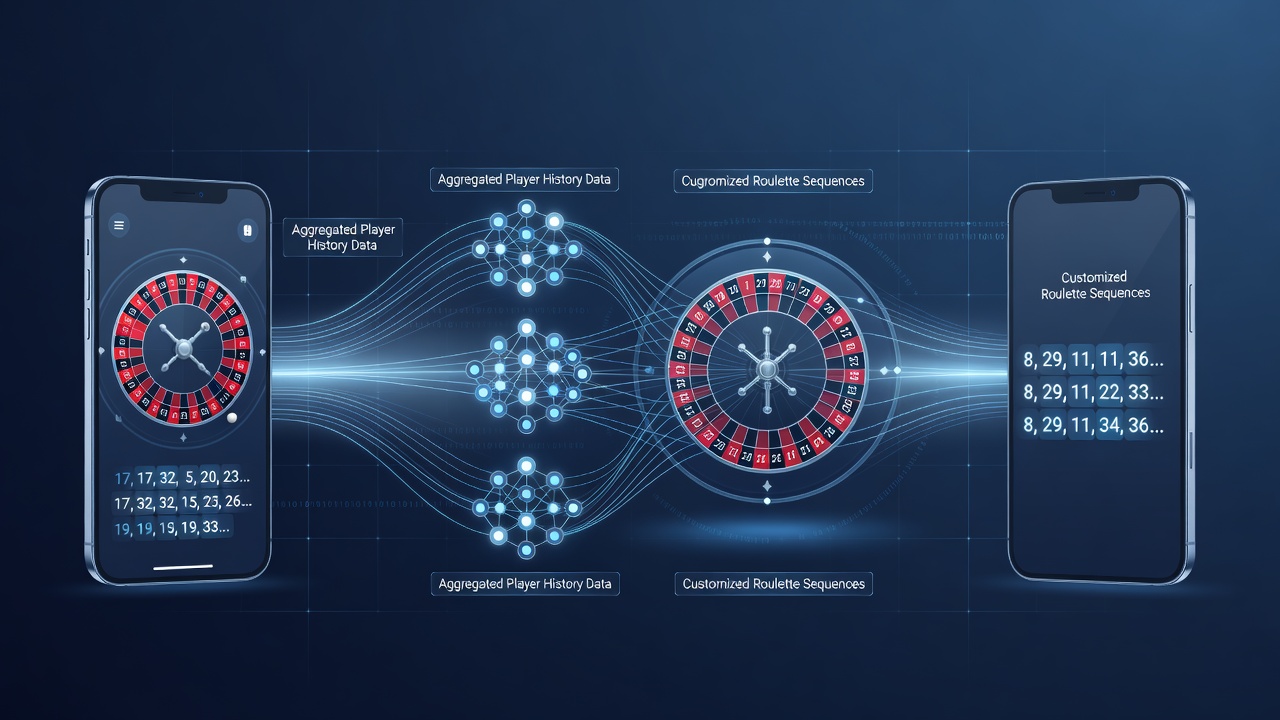 Neural network architecture visualizing player data flows into customized roulette sequence generation on mobile interfaces