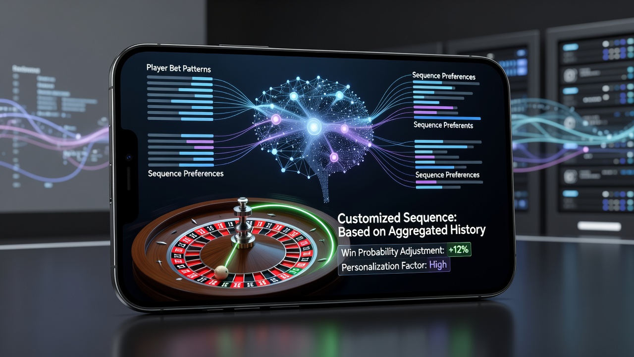 Mobile roulette interface displaying dynamically adjusted sequence visualizations powered by neural network analysis of player aggregates