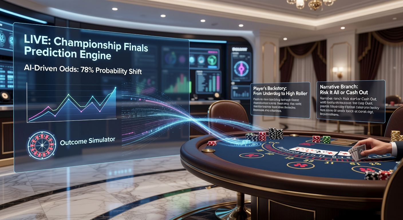 Game design interfaces showing sports prediction dashboards merging into narrative-driven casino table environments with character arcs and plot progressions