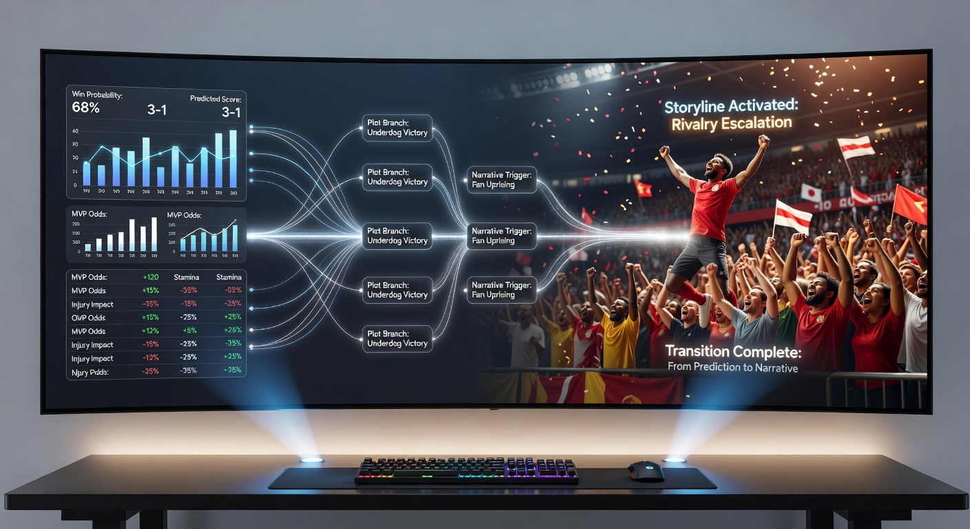 Immersive casino table setup with overlaid sports narrative elements showing character progression and event-based rewards bridging prediction and gameplay